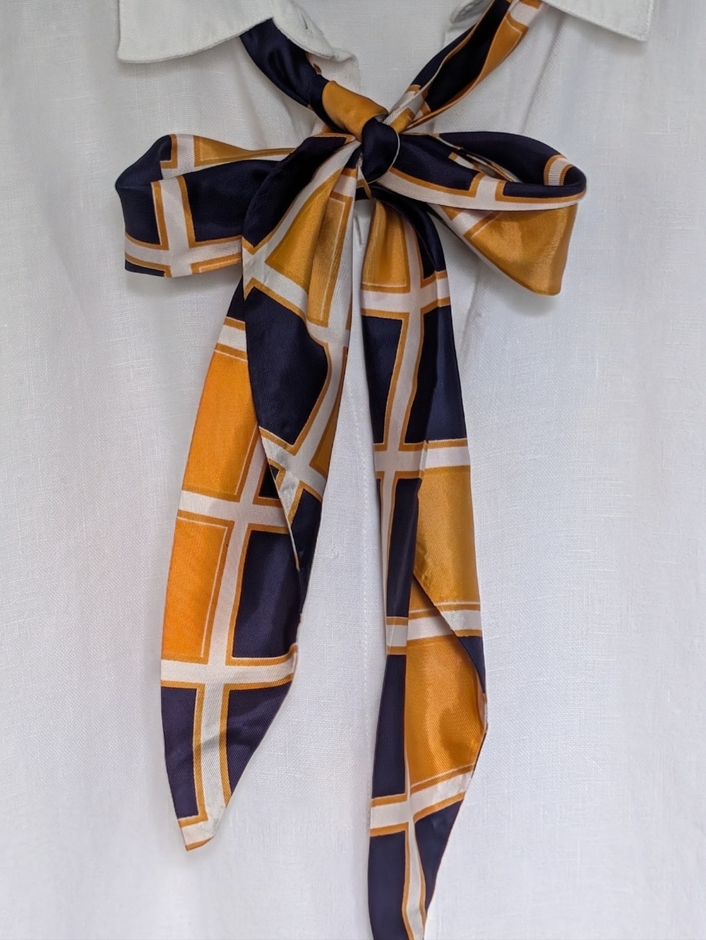 Navy and Gold Bow Scarf 1970's Vintage Poly Blend Office Professional Unique